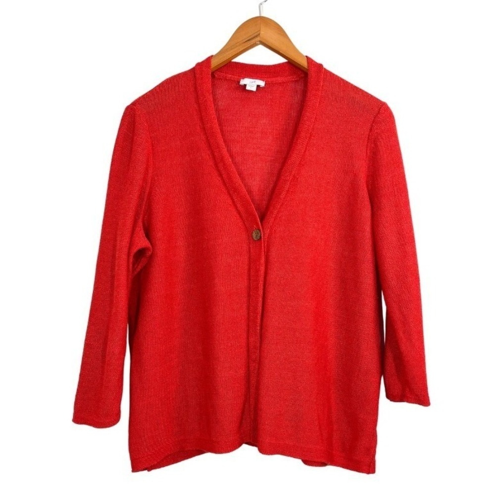 J. Jill Red Linen Blend Cardigan Sz L Lightweight 3/4 Sleeve Sweater Cottage